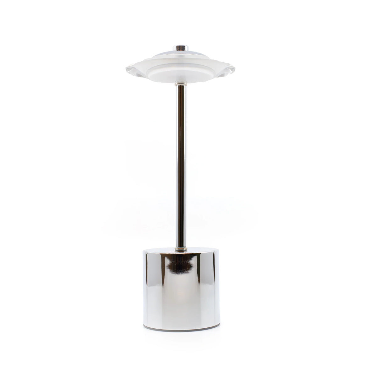 The Glow Spaceship Cordless Lamp is available in a black or chrome finish.