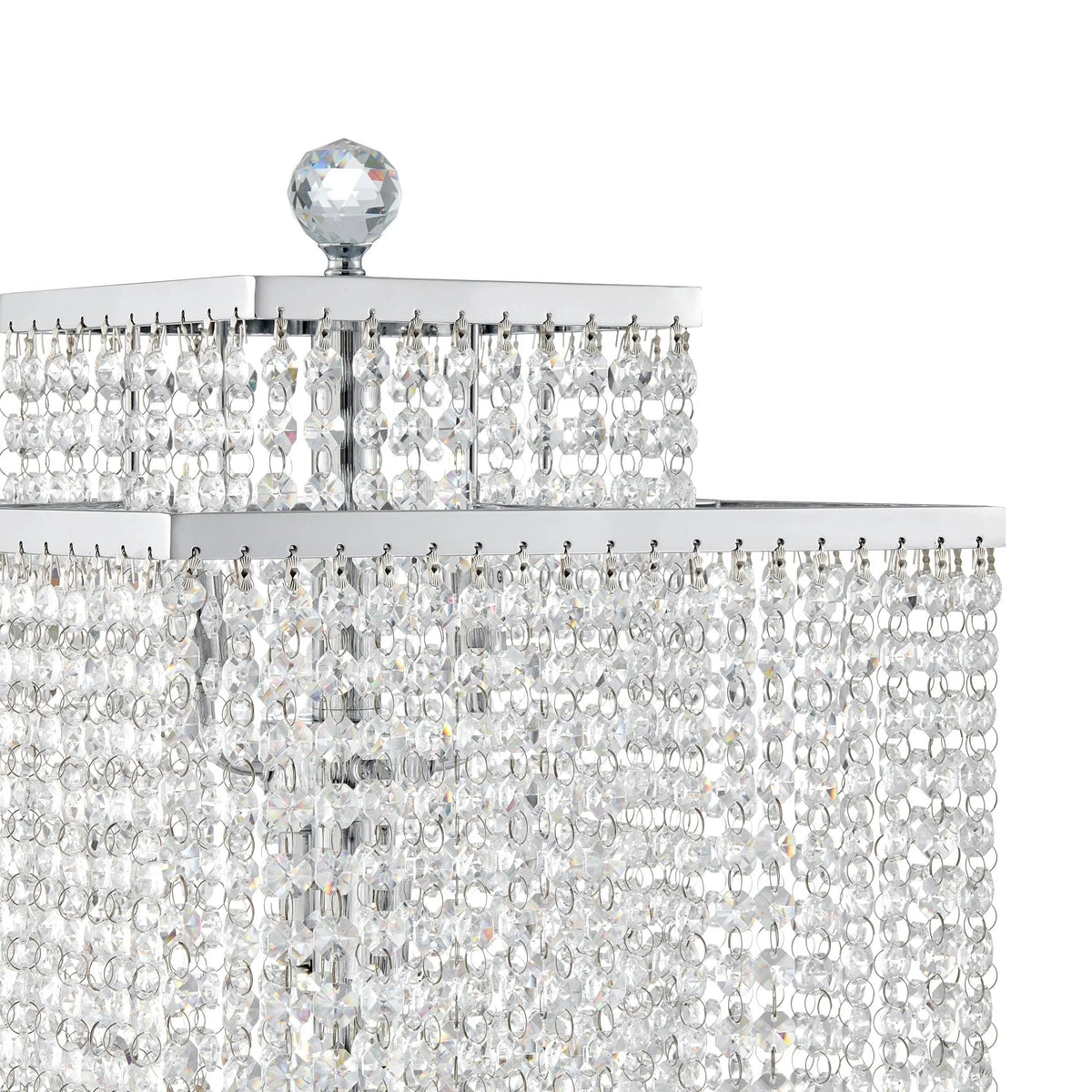 The beautiful Crystal Lamp / Square Double Crown has multiple dangling crystals.