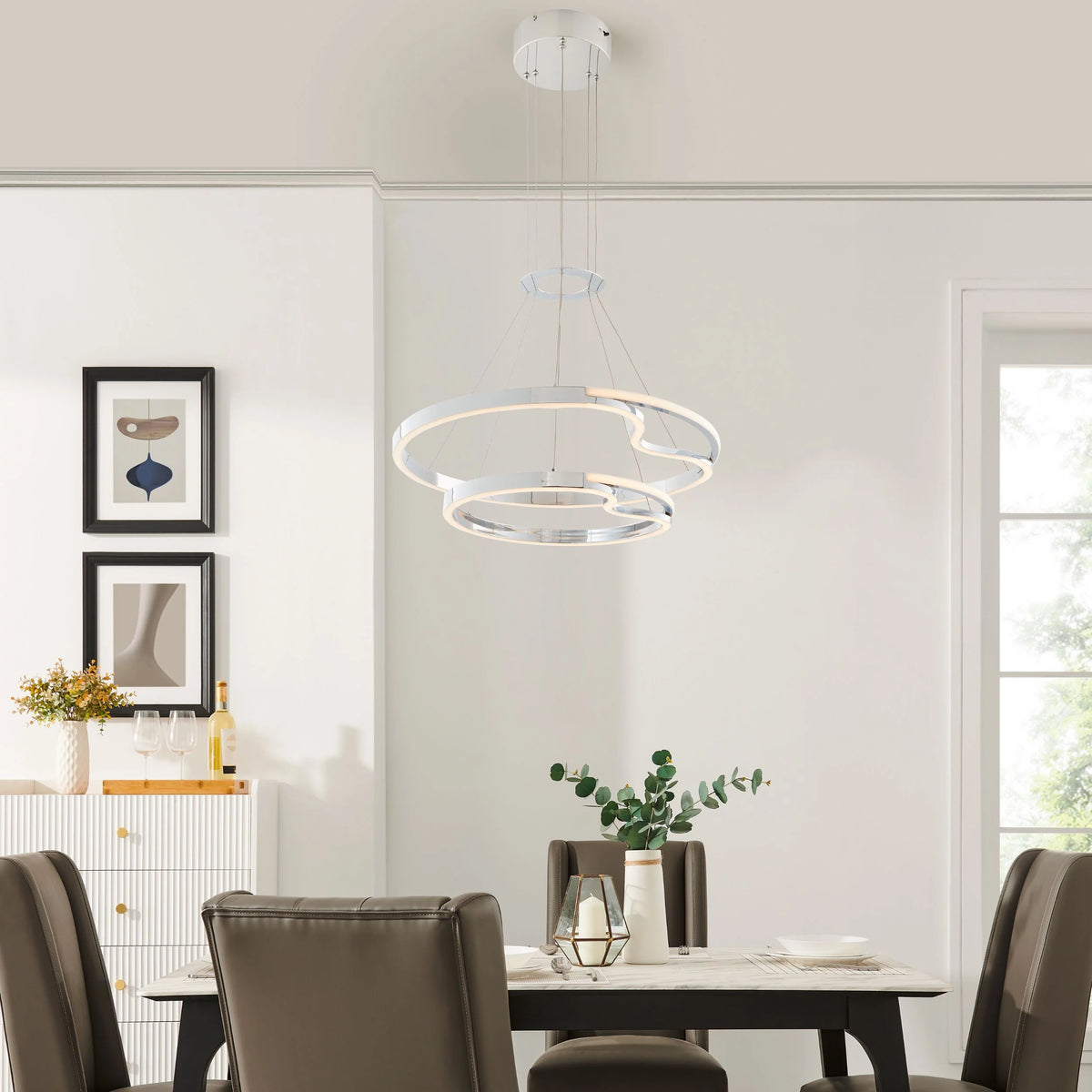 Minsk Double Round Chrome Chandelier in a Dining Room Setting